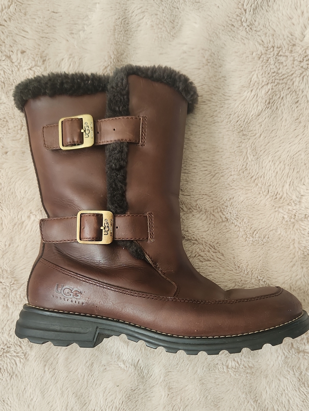 Ugg Mid Calf Biker Moto Larkspur Shearling Boots Leather Upper Double Straps
